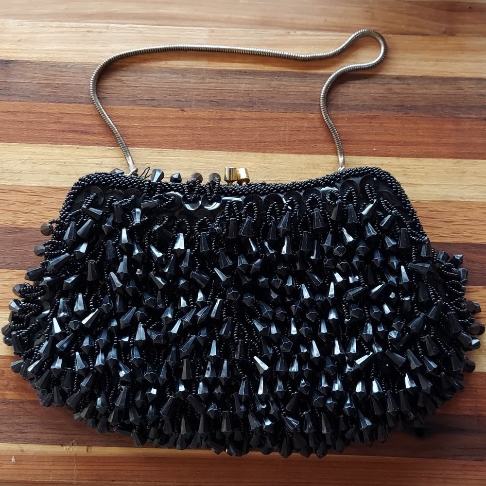 Black on Black Tear Drop Beaded Puffy Evening Clutch w/ Brass Clasp & Rope Drop